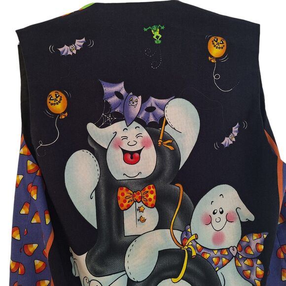 Halloween Vest Whimsical Cotton black orange lime Ghosts Homemade VTG small med - Picture 6 of 11